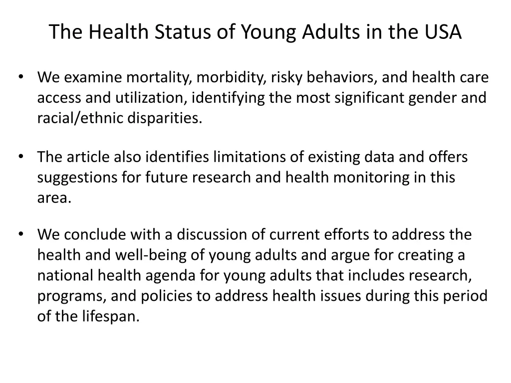 the health status of young adults in the usa 1