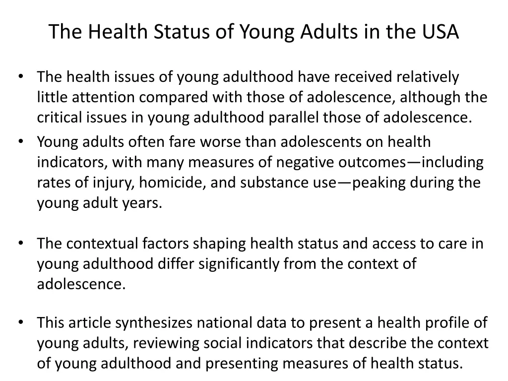the health status of young adults in the usa