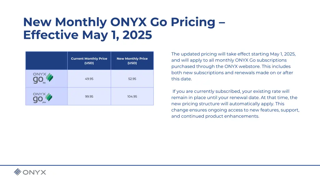new monthly onyx go pricing effective may 1 2025