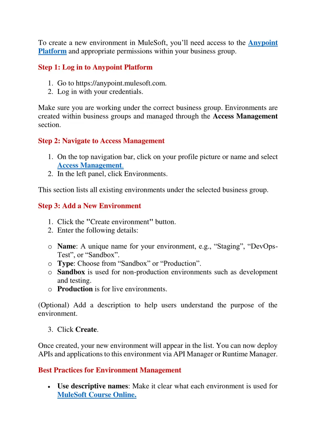 to create a new environment in mulesoft