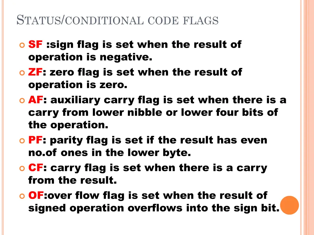 s tatus conditional code flags