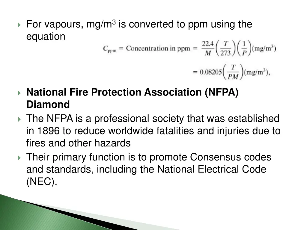 for vapours mg m 3 is converted to ppm using