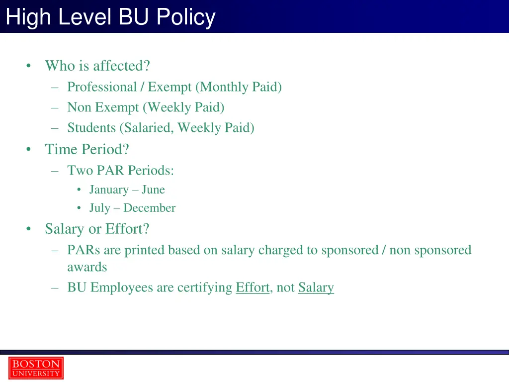 high level bu policy