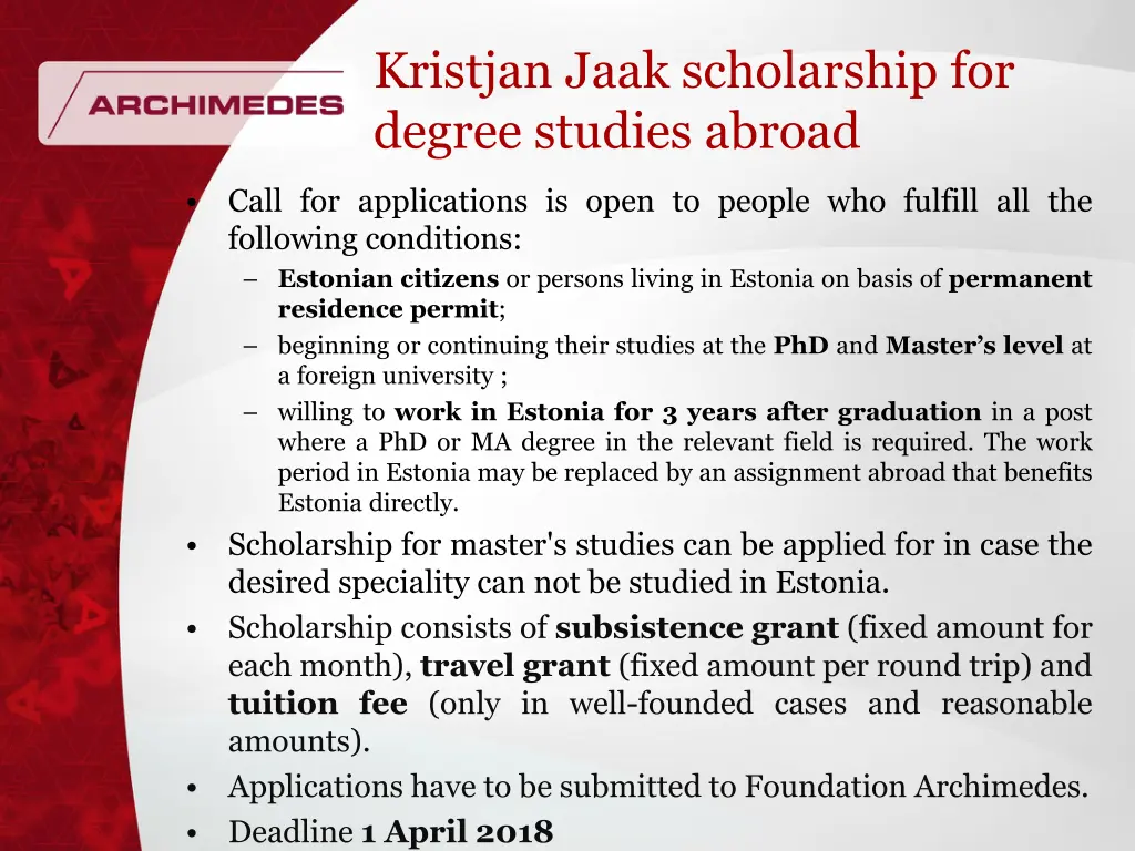 kristjan jaak scholarship for degree studies