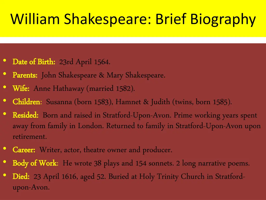 william shakespeare brief biography