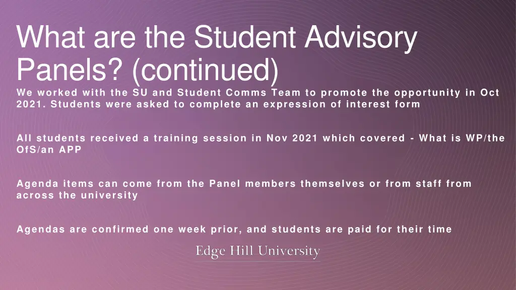 what are the student advisory panels continued