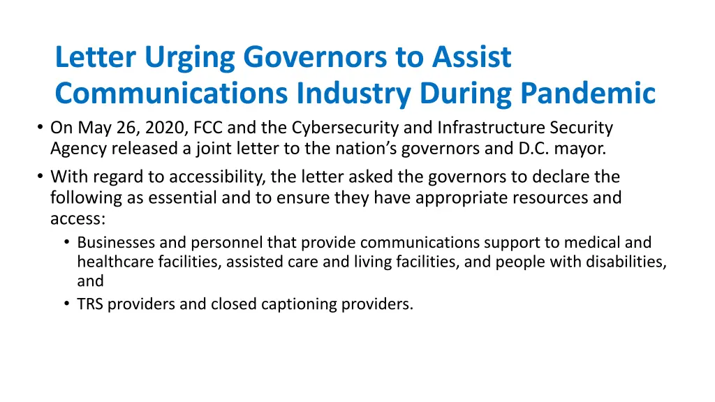 letter urging governors to assist communications