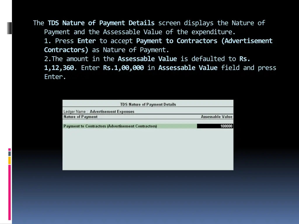 the tds nature of payment details screen displays