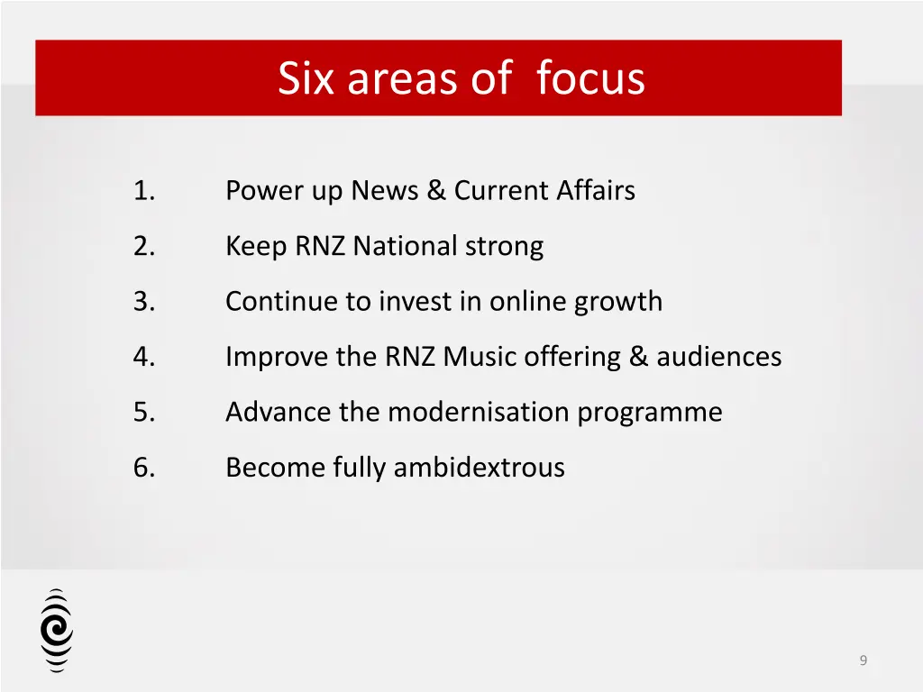 six areas of focus