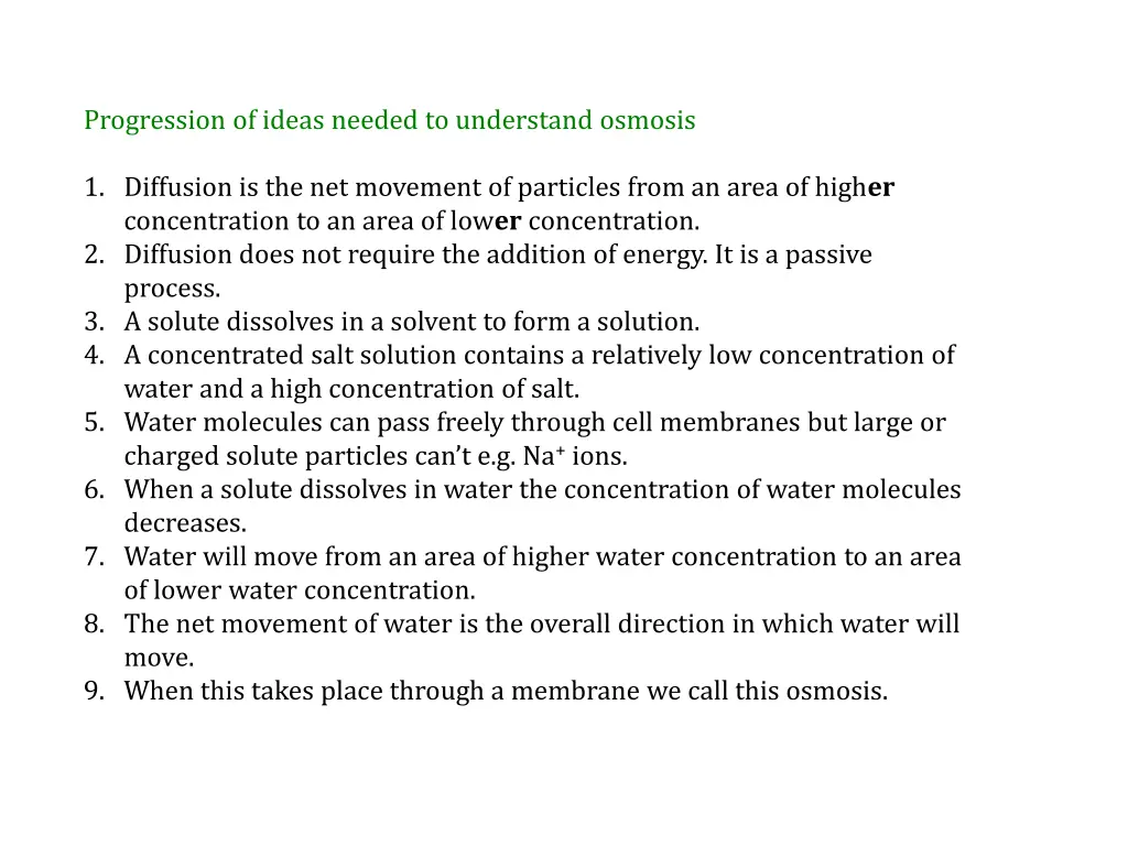 progression of ideas needed to understand osmosis