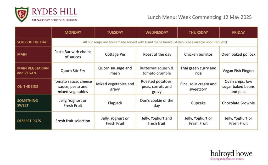 lunch menu week commencing 12 may 2025