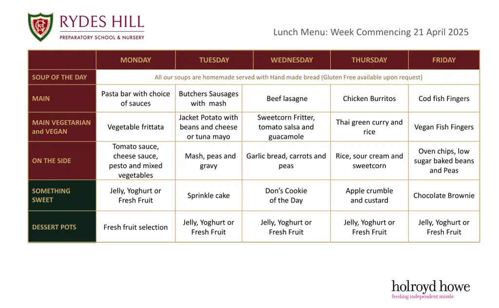 lunch menu week commencing 21 april 2025
