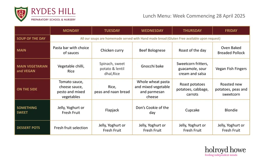 lunch menu week commencing 28 april 2025