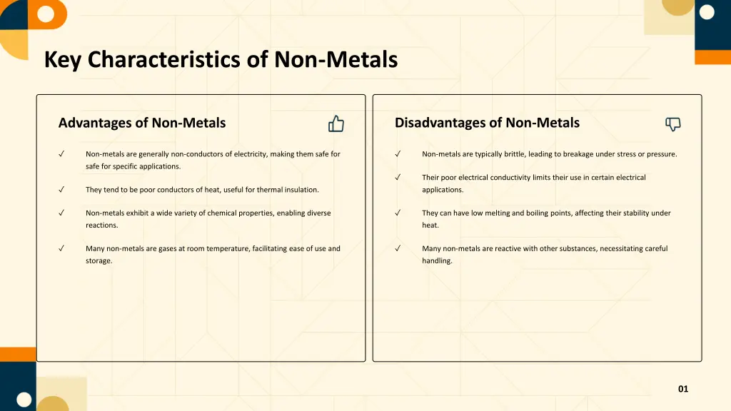 key characteristics of non metals