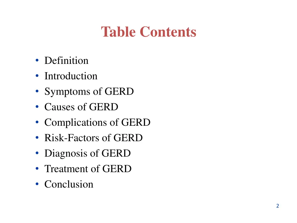 table contents