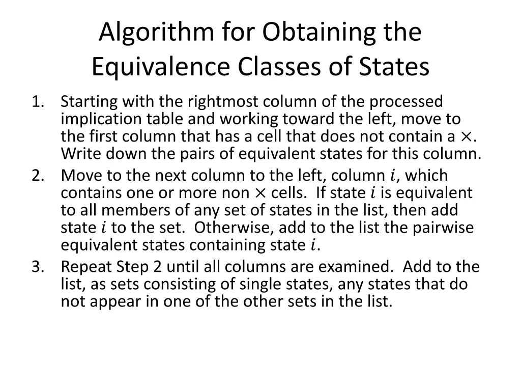 algorithm for obtaining the equivalence classes