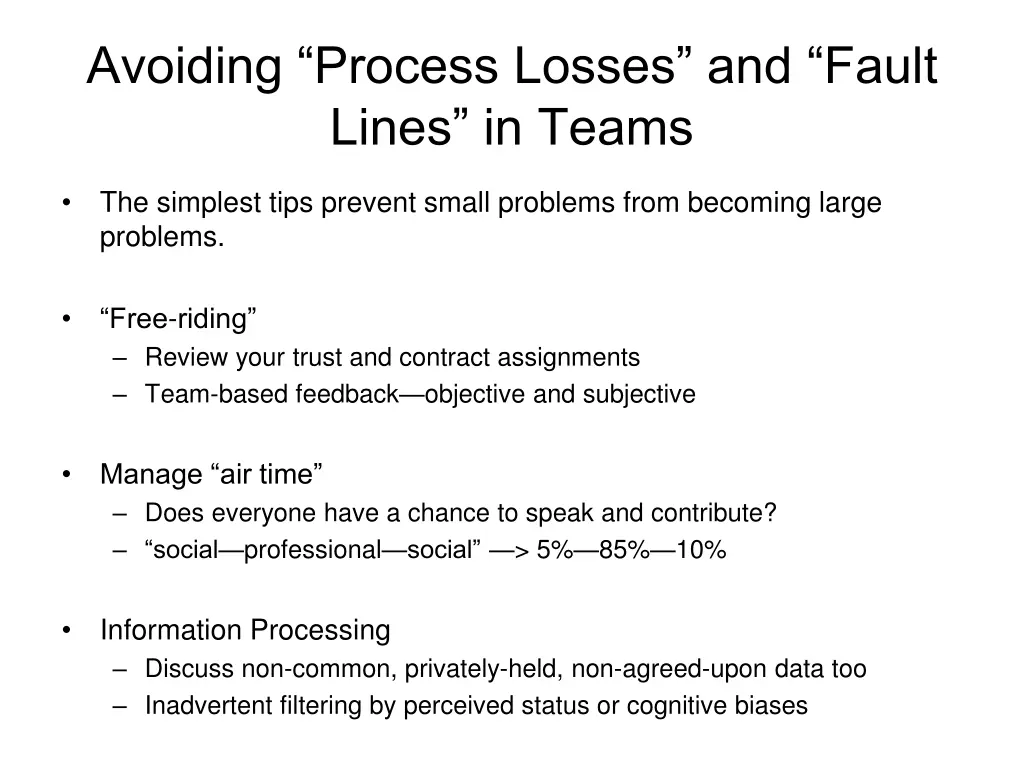 avoiding process losses and fault lines in teams