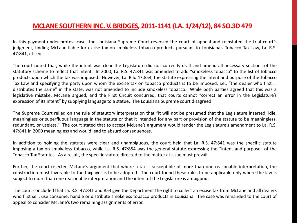 mclane southern inc v bridges 2011 1141