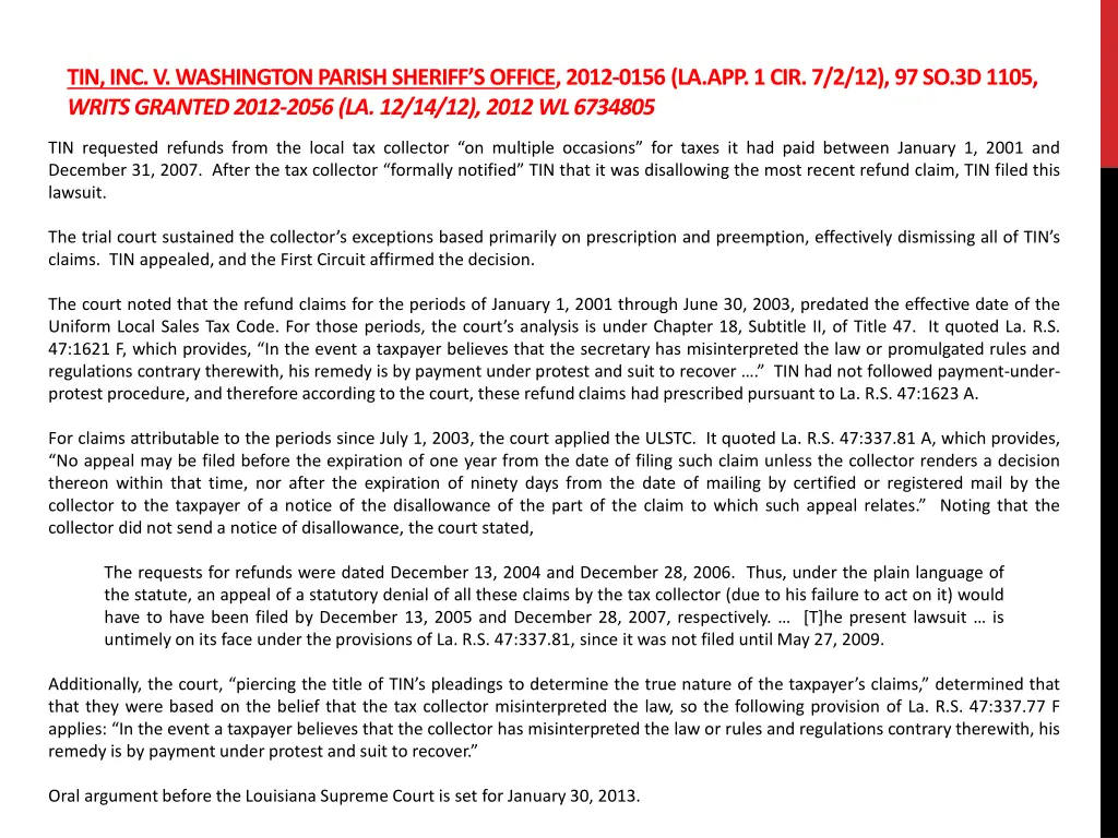tin inc v washington parish sheriff s office 2012