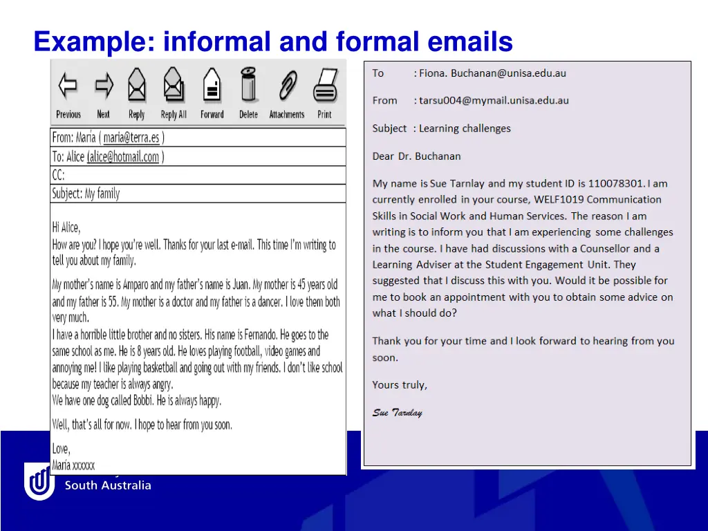 example informal and formal emails
