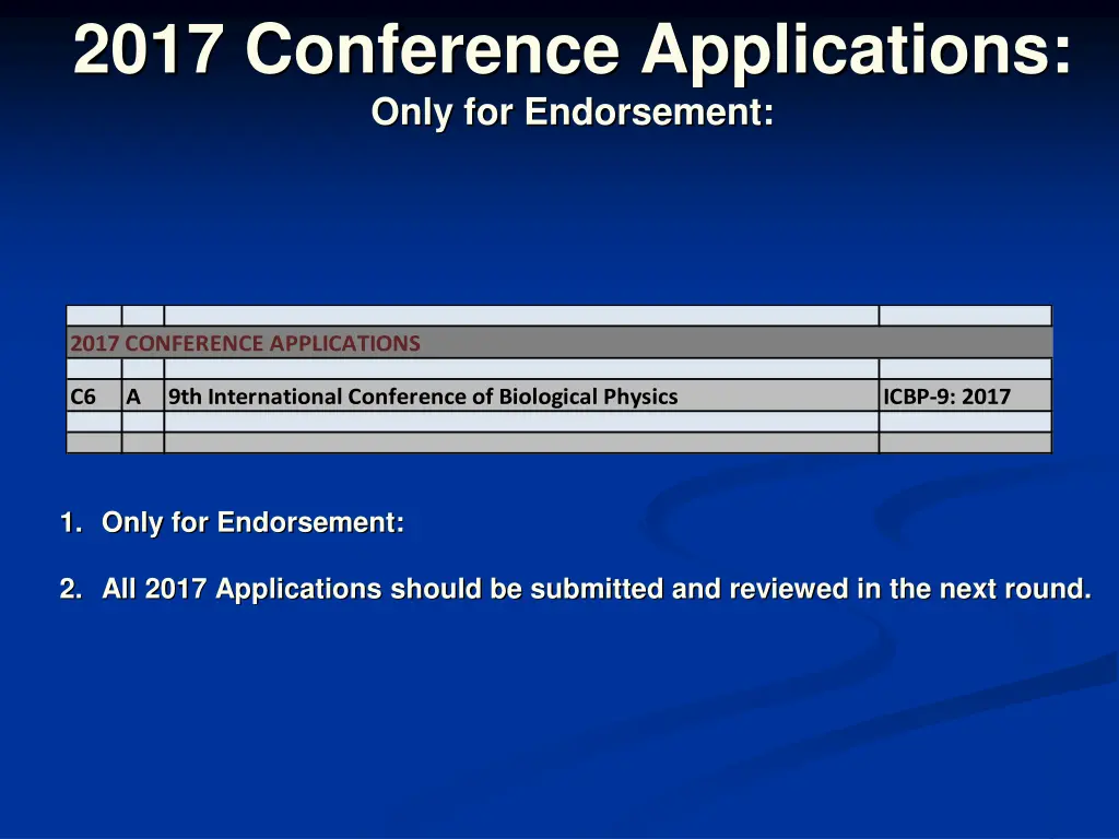 2017 conference applications only for endorsement