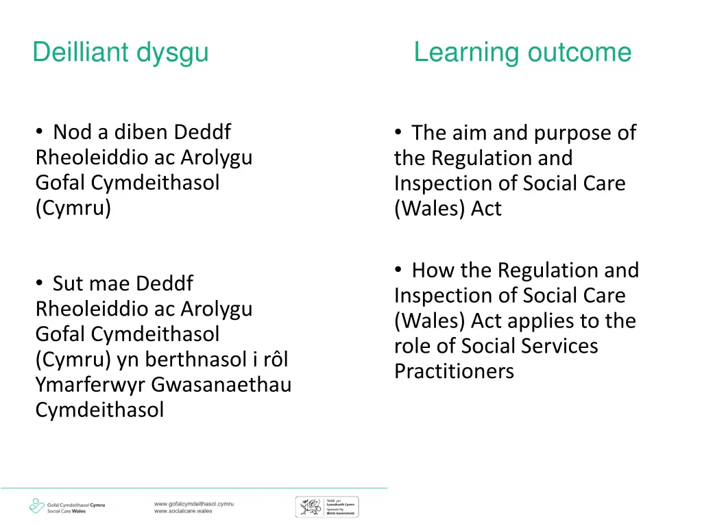 deilliant dysgu learning outcome