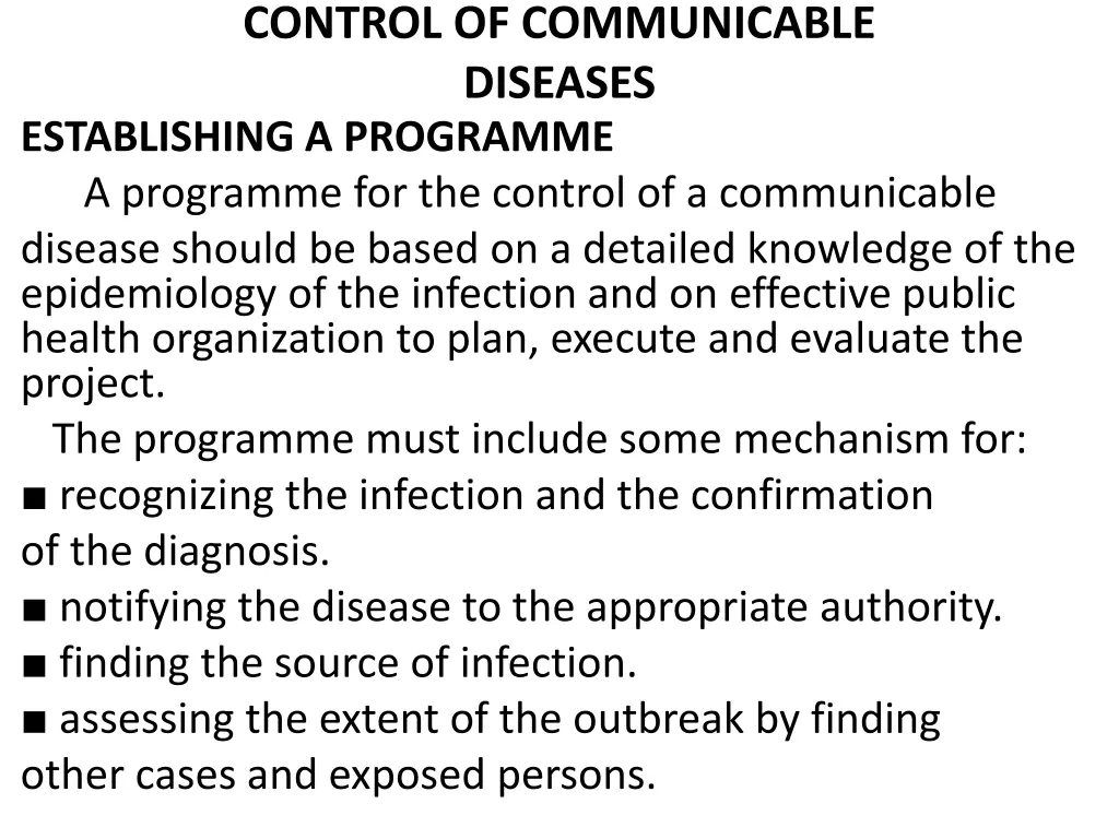 control of communicable diseases establishing