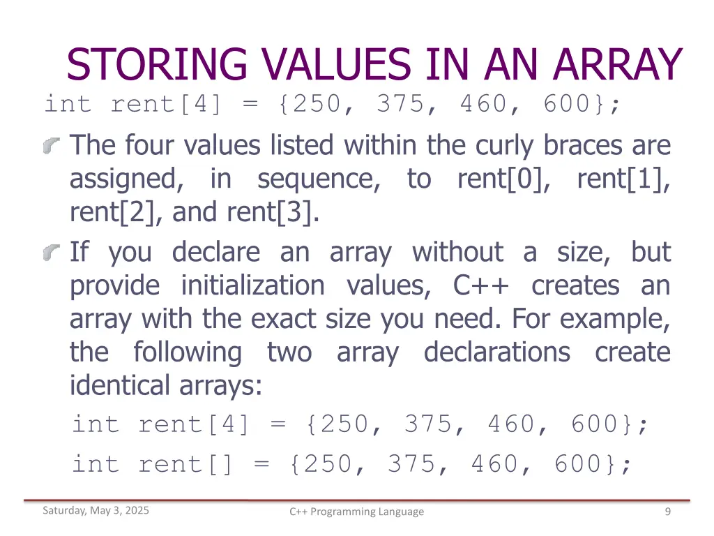 storing values in an array int rent