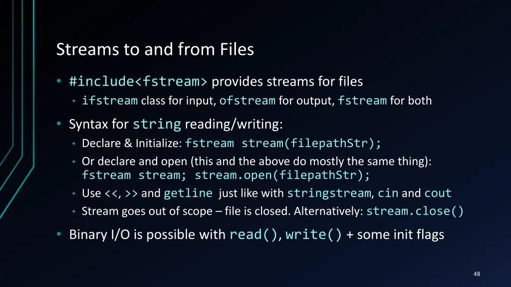 streams to and from files