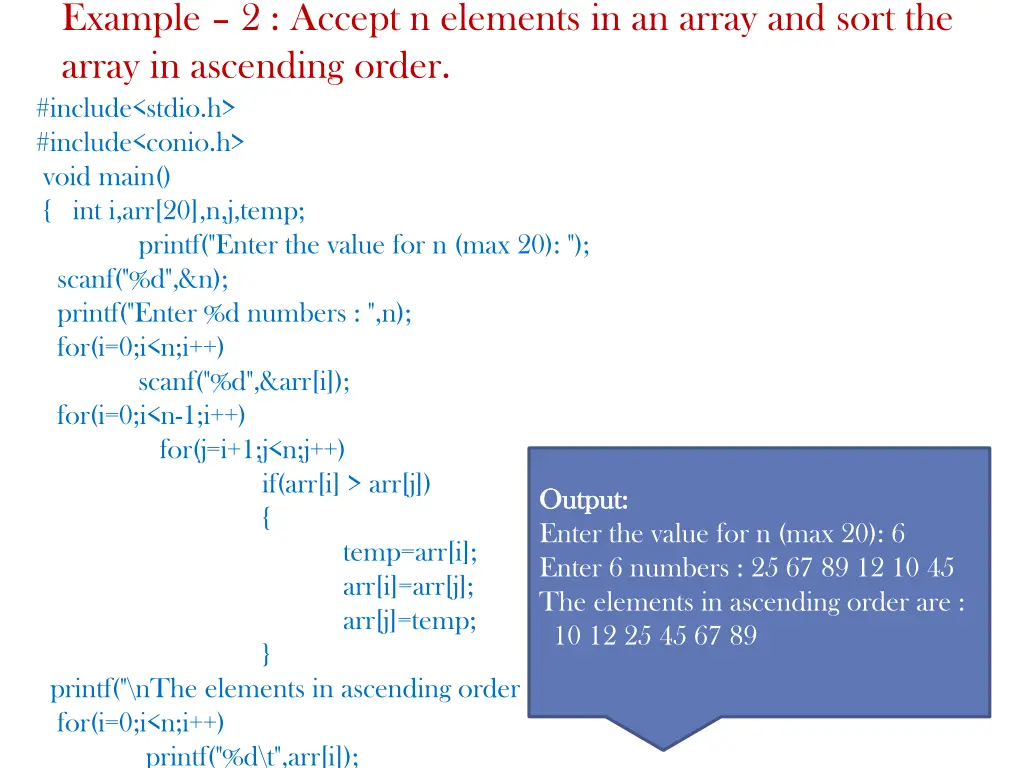 example 2 accept n elements in an array and sort