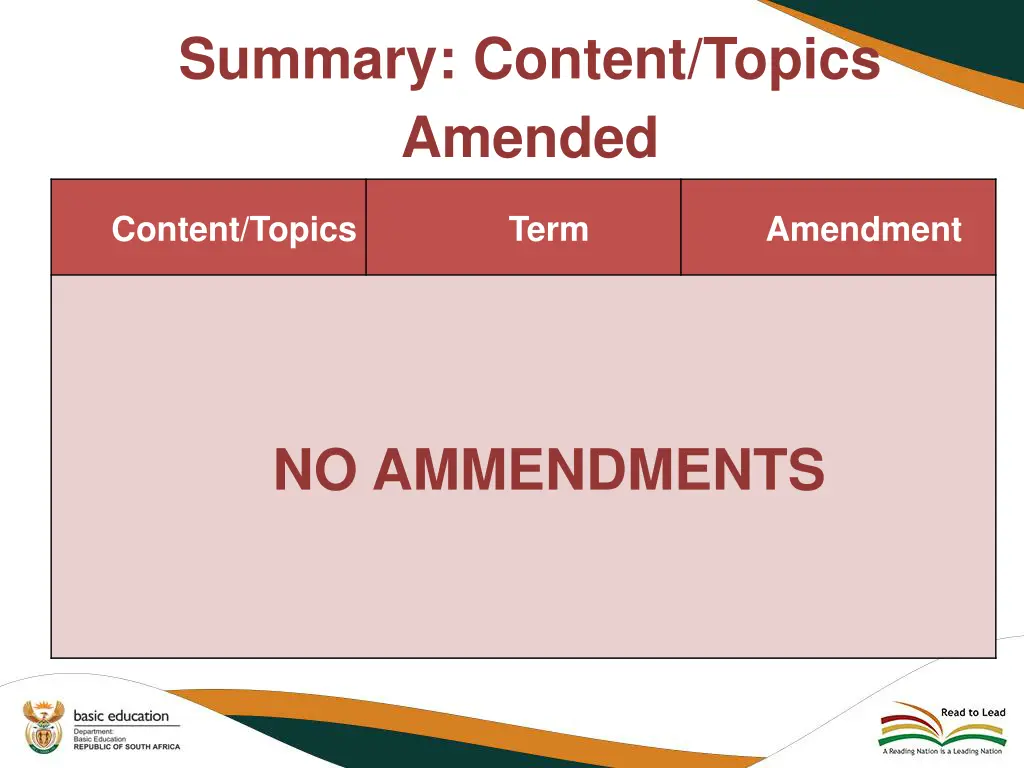 summary content topics amended