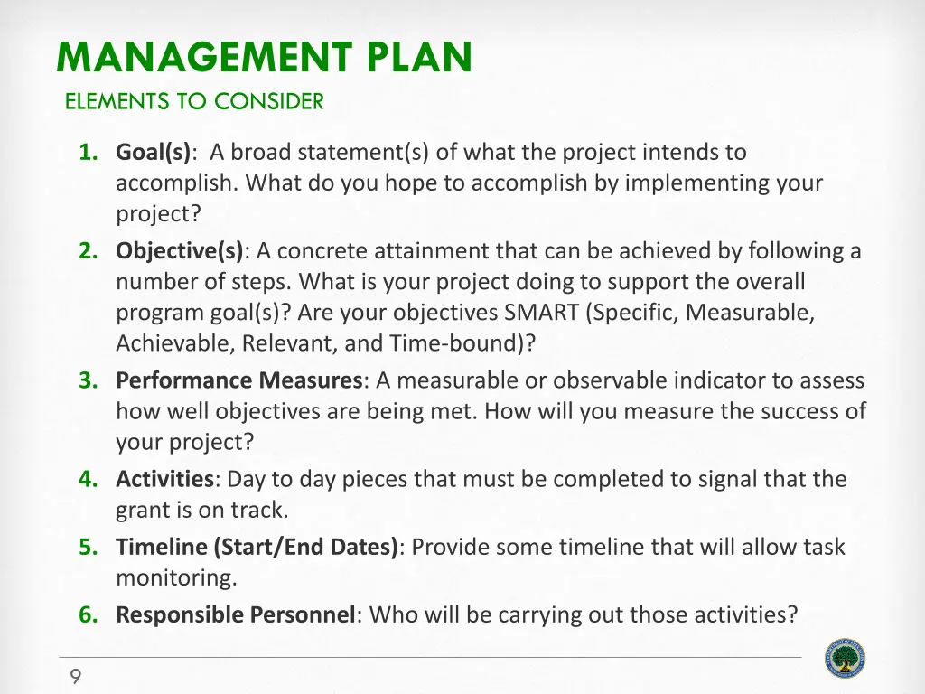 management plan elements to consider