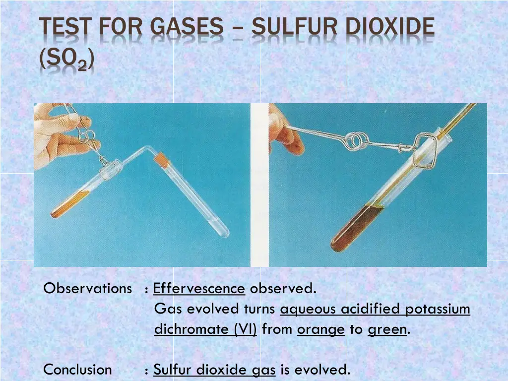 test for gases sulfur dioxide so 2