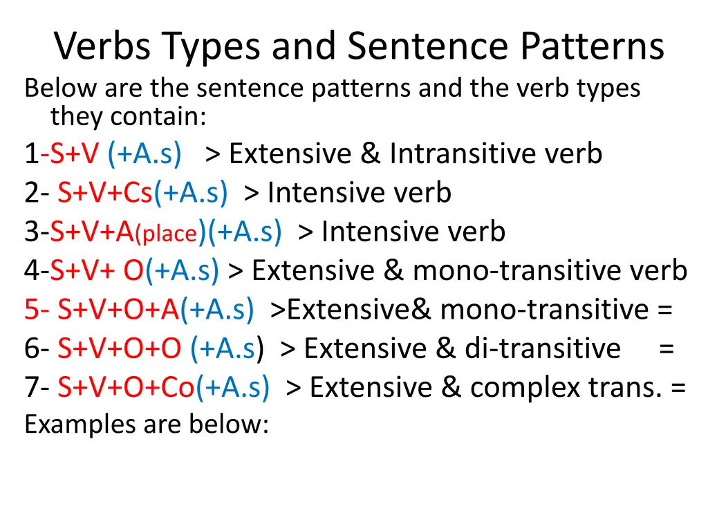 verbs types and sentence patterns below