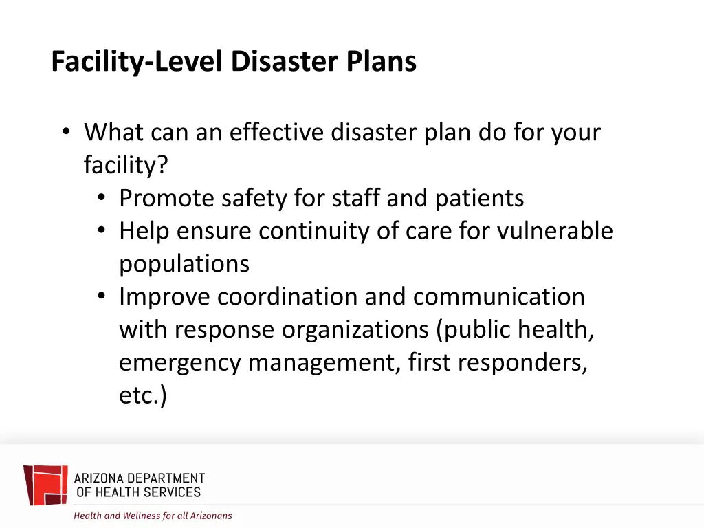 facility level disaster plans