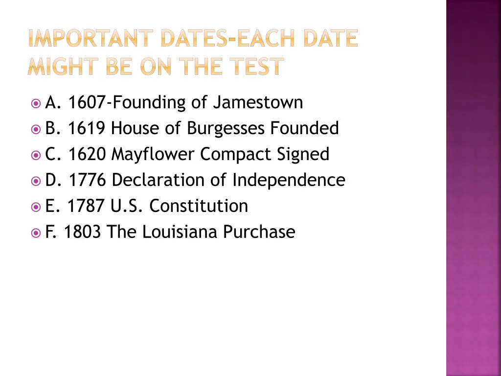 important dates each date might be on the test