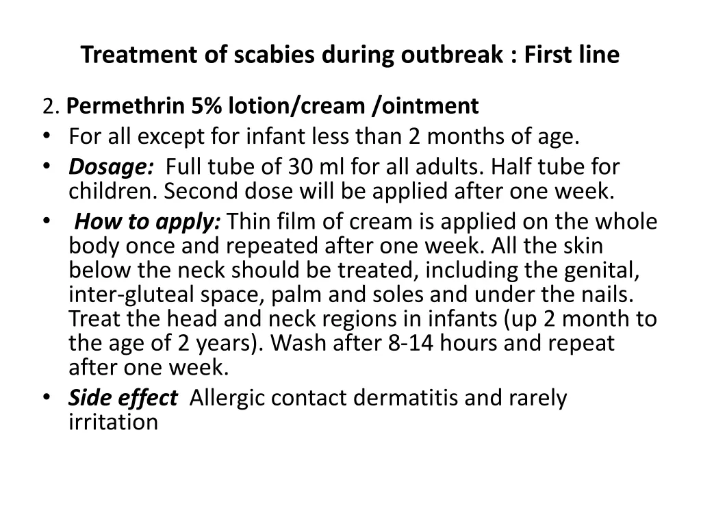 treatment of scabies during outbreak first line 1