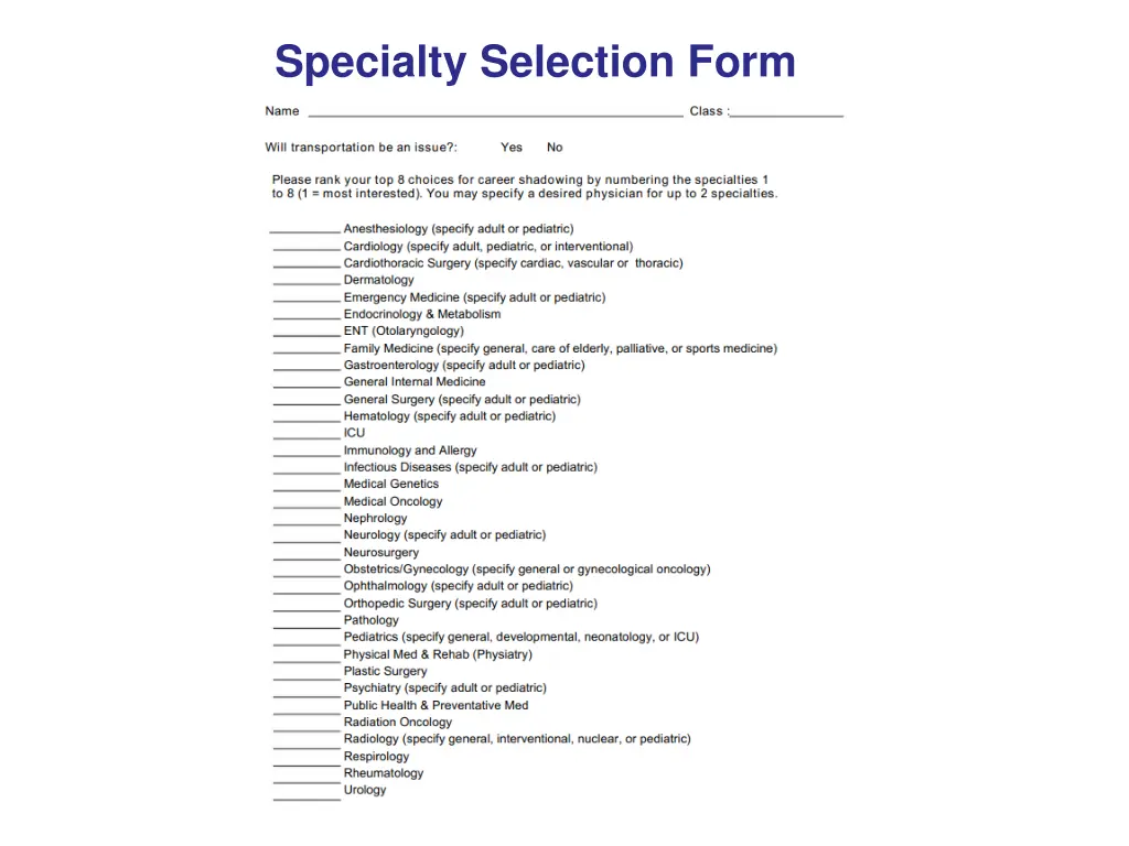 specialty selection form
