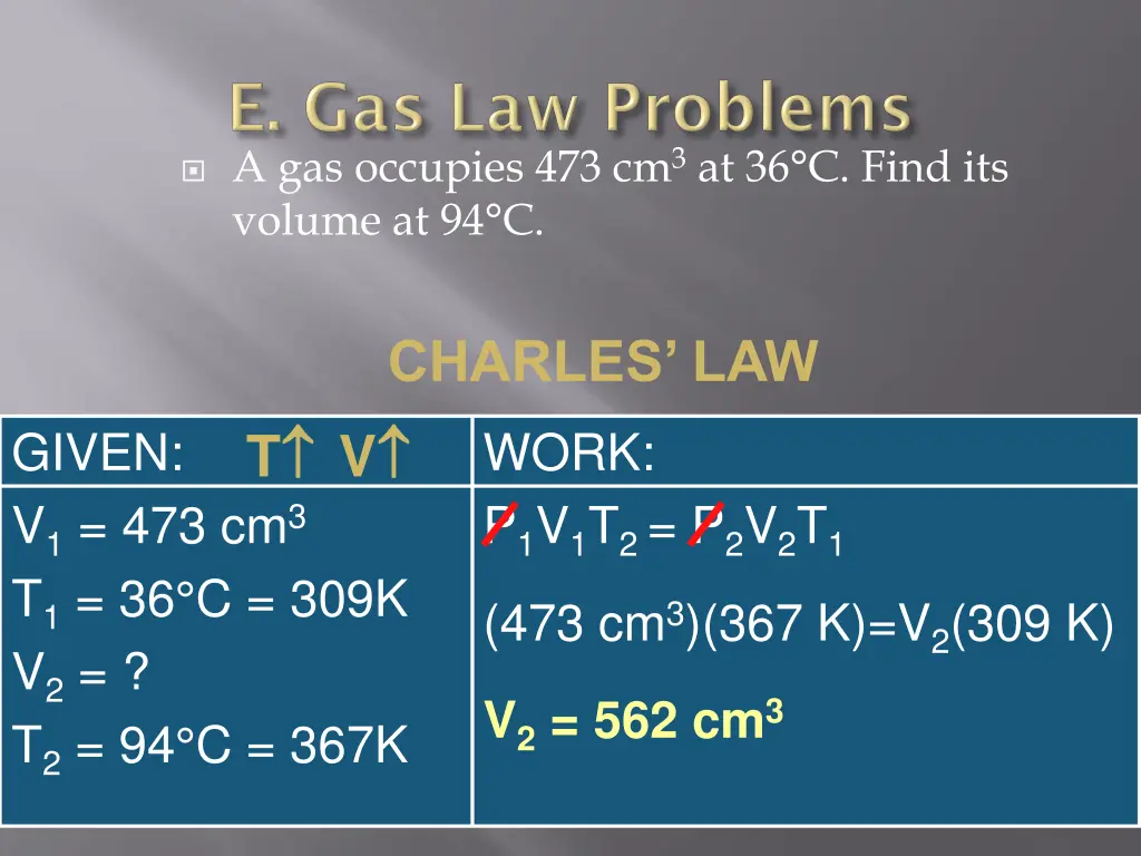 a gas occupies 473 cm 3 at 36 c find its volume