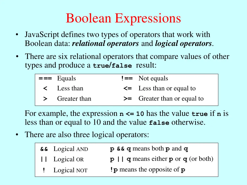 boolean expressions javascript defines two types