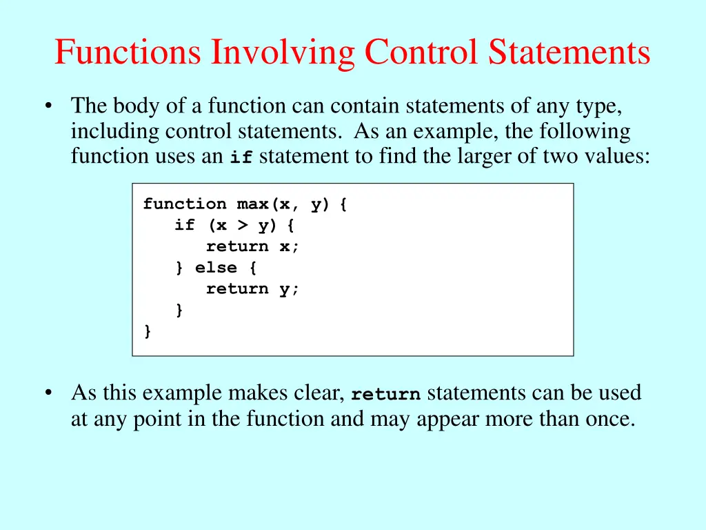 functions involving control statements