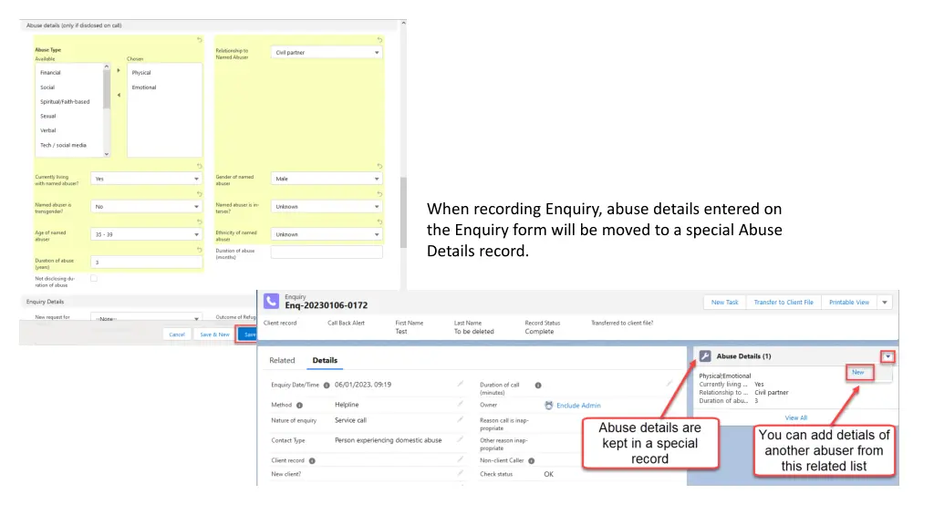 when recording enquiry abuse details entered