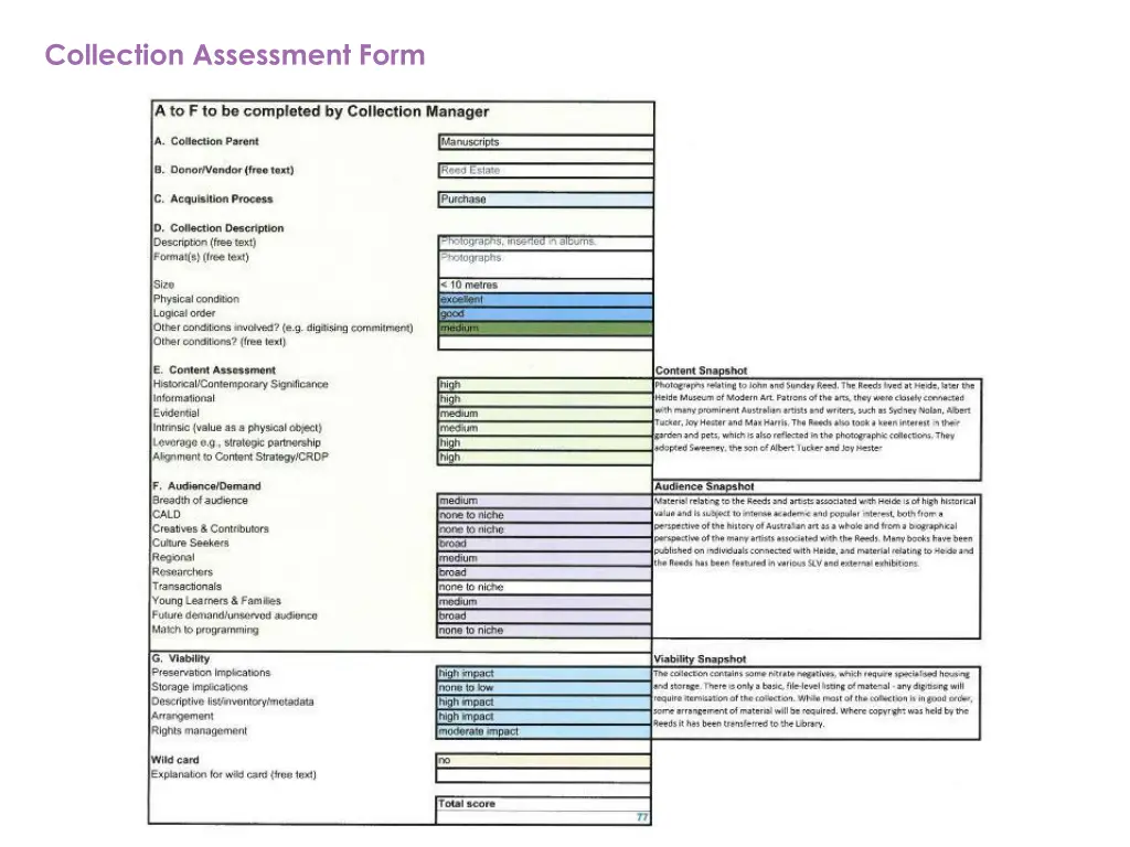 collection assessment form