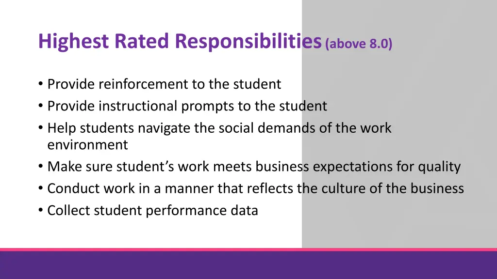 highest rated responsibilities above 8 0
