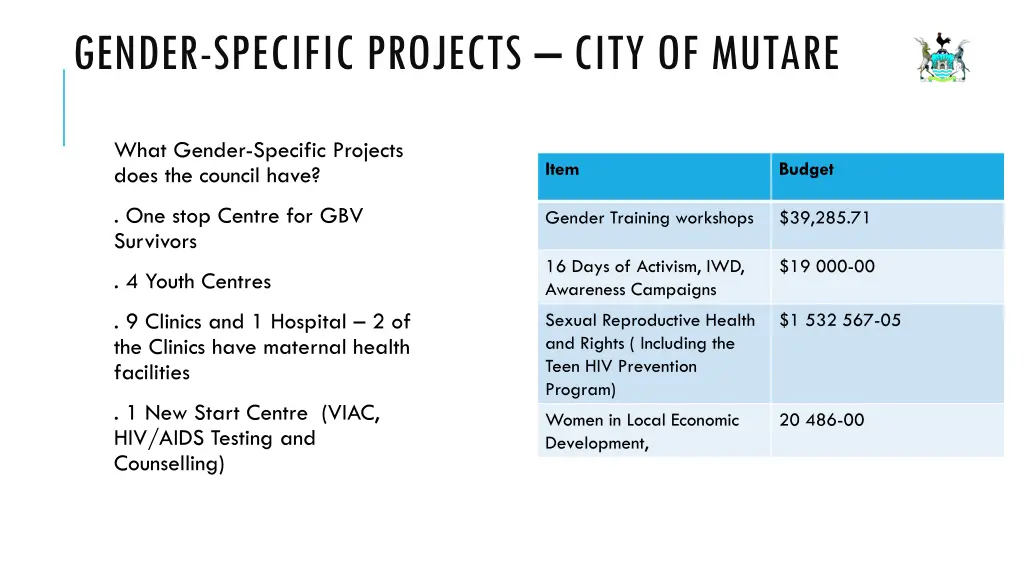 gender specific projects city of mutare