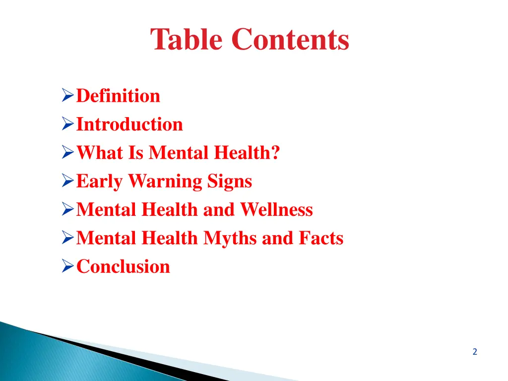 table contents