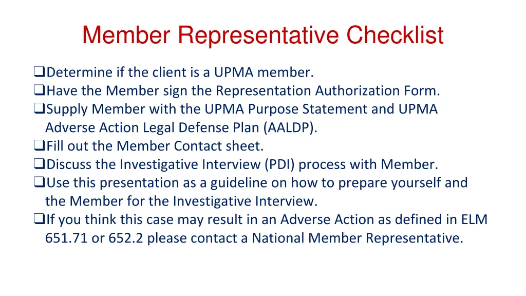 member representative checklist