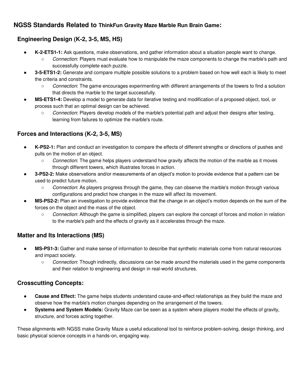 ngss standards related to thinkfun gravity maze