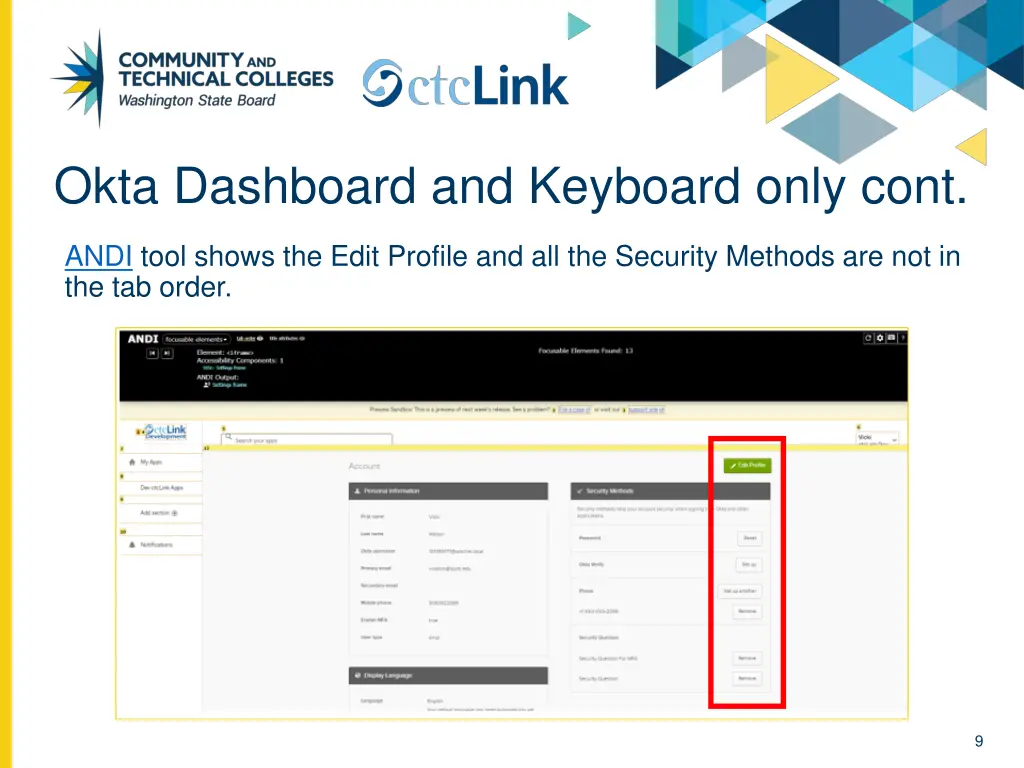 okta dashboard and keyboard only cont 2