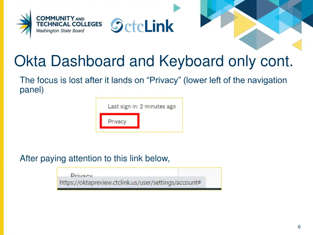 okta dashboard and keyboard only cont